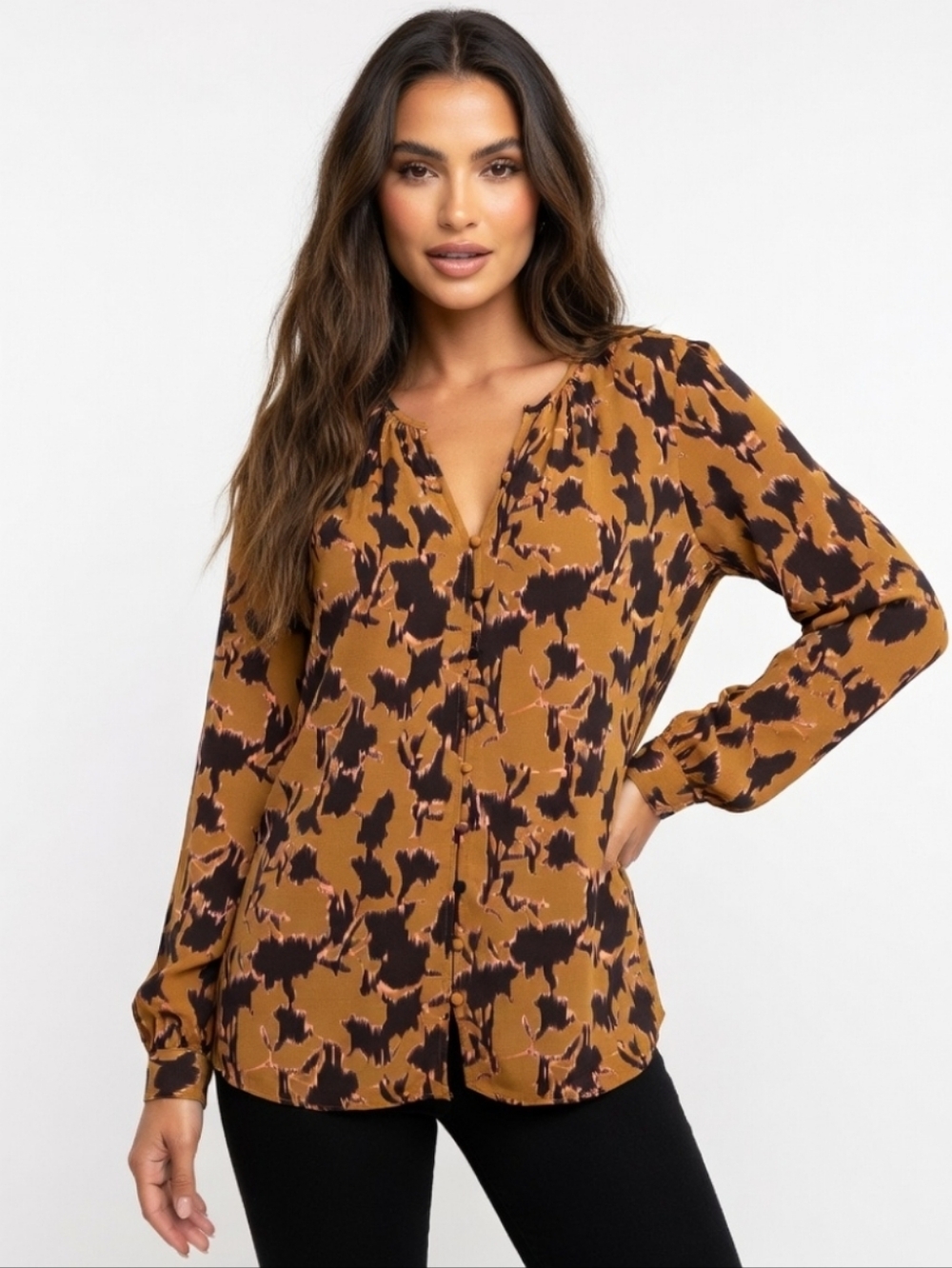 Nine West Rust Brown & Black Abstract Print Button-Front Top (SIZE:XL)